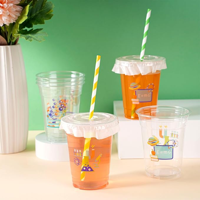 FoldTier 50 Pcs Science Cups 12 oz Disposable Plastic Cups with Straws and Lids Science Clear mug Birthday mugs Supplies Birthday Table Decorations Party Favor