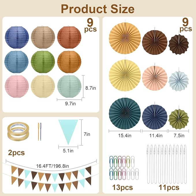 EEEKit 20 PCS Hanging Paper Fans for Birthdays, Boho Party Fan Decorations Set with Lanterns and Flags for Christmas, Wedding Decor