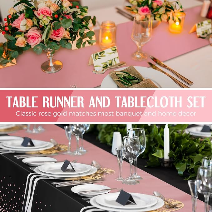 Tudomro 16 Pcs Black and Rose Gold Disposable Plastic Tablecloths and Satin Table Runner Set 54x108 Inch Tablecloth 12x108 Inch Table Runners for New Year Wedding Birthday Baby Shower Graduation