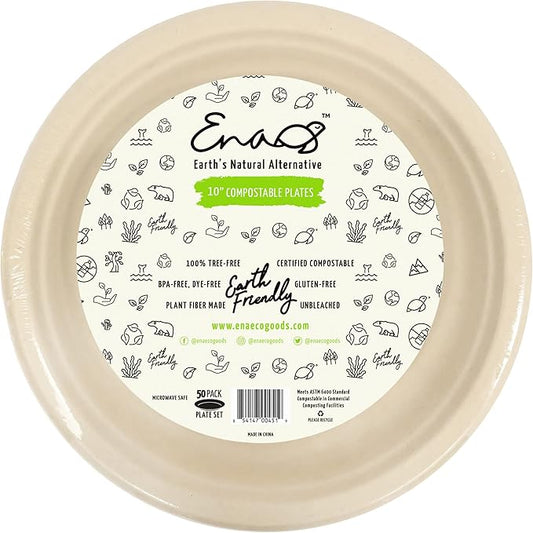 Earth's Natural Alternative 100% Compostable Disposable Paper Plates Bulk [10" 50 Pack], Bamboo Plates, Eco Friendly, Biodegradable, Sturdy Large Dinner Party Plates, Heavy-Duty, Unbleached