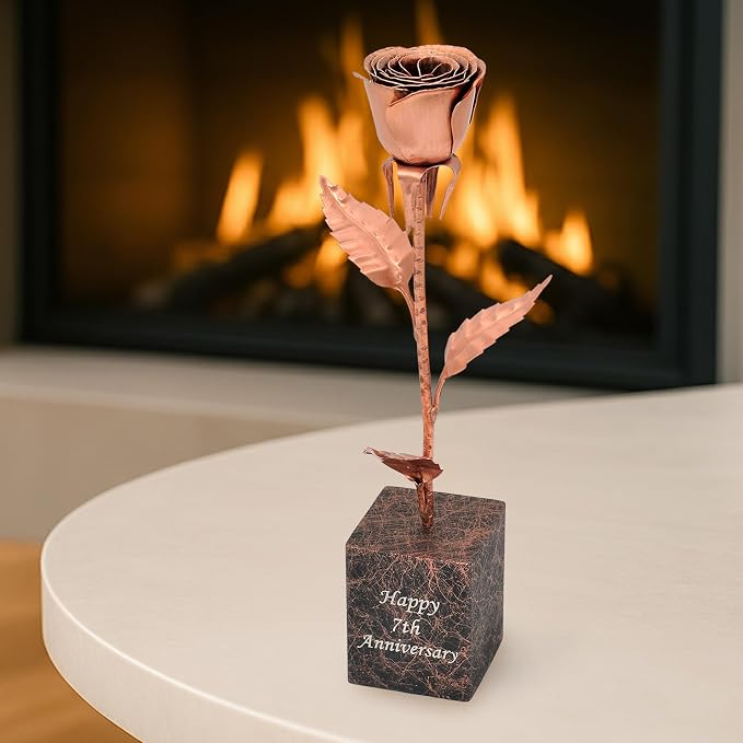 Personalized Copper for Wife – 7th or 22nd Wedding Anniversary Rose – Custom Engraved Solid Copper Flower – 12 Inch Metal Keepsake