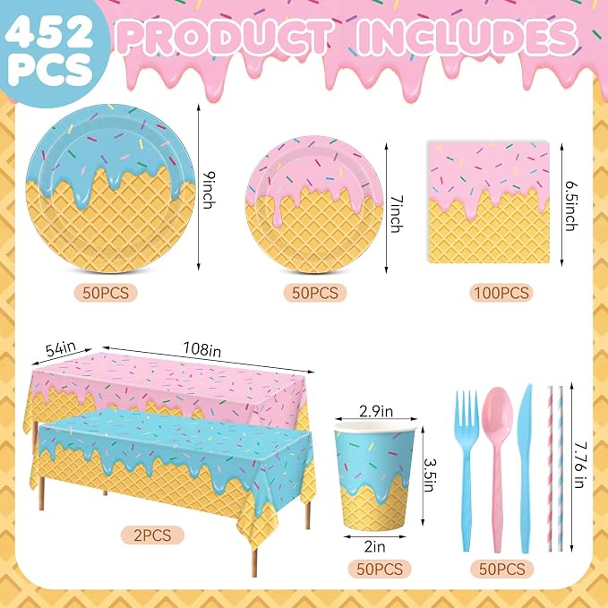 LemonRoad 452 Pcs Ice Cream Party Decorations for 50 Disposable Ice Cream Cone Tableware Set Paper Plate Cup Napkin Tablecloth Fork Straw Spoon Supplies for Birthday Sweet Summer Baby Shower Dinner