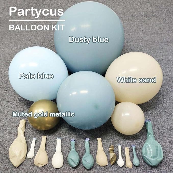 Dusty Blue White Sand Balloon Garland Double Stuffed Pastel Light Blue Cream Beige Matte Balloon Arch Kit with Gold Latex for Neutral Baby Shower Bridal Wedding Birthday Mothers Day Summer Party