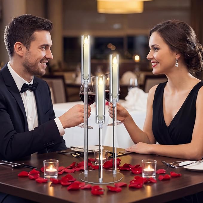 Layhit 6 Set Wedding 3 Arm Acrylic Candelabra Table Centerpiece 38.6" Clear Tall Floor Candle Holder with Shade Pillar Taper Stand for Dining Party Anniversary Birthday Easter Fit 0.87 LED Candle