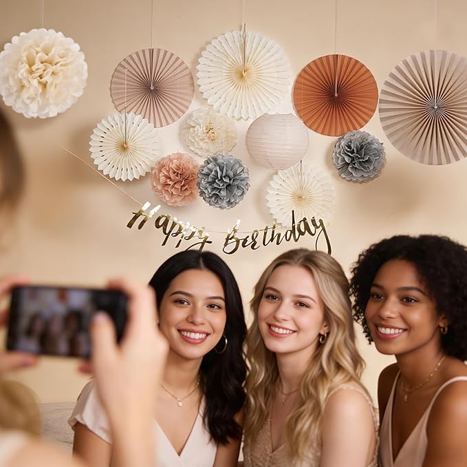 EASY JOY Champagne Beige Paper Flowers Tissue Pom Poms Boho Birthday Decorations Paper Lanterns Party Decorations Happy Birthday Banner White Paper Fans for Boho Fall Rustic Neutral Baby Shower