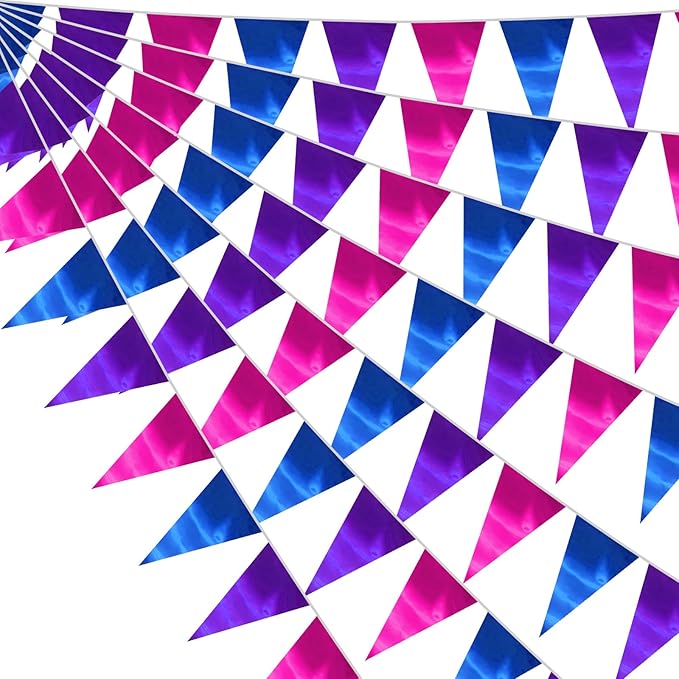 130FT Blue Purple Rose Red Triangle Pennant Banner Flag Metallic Fabric Bunting Garland for Christmas Graduation Wedding Anniversary Bachelorette Birthday Bridal Shower Valentines Hen Party Supplies