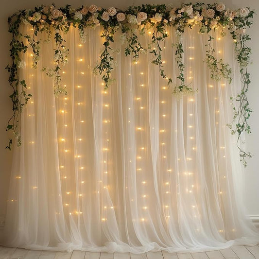 Ivory Tulle Backdrop Curtain with Lights - 10x10ft Sheer Backdrop with 300 LEDs for Wedding, Baby Shower, Bridal Shower, Birthday Party Photo Shoot Background and Home Decorations