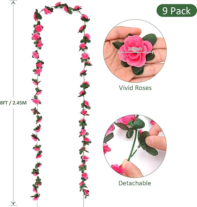 KHOYIME 9 Pack 72 FT Artificial Flower Garland, Fake Hot Pink Roses Vines Silk Flowers Faux Plastic Outdoor Hanging Floral Ivy Garland Decoration for Wedding Arch Bedroom Home Wall Backdrop Room Decor