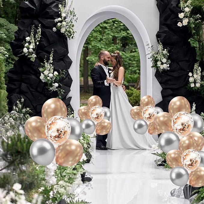4 Set Balloon Stand with Champagne Silver Balloons and Pump | For Birthday Bridal Shower Wedding Engagement Anniversary Retirement Mother's Day New Years Party Supplies