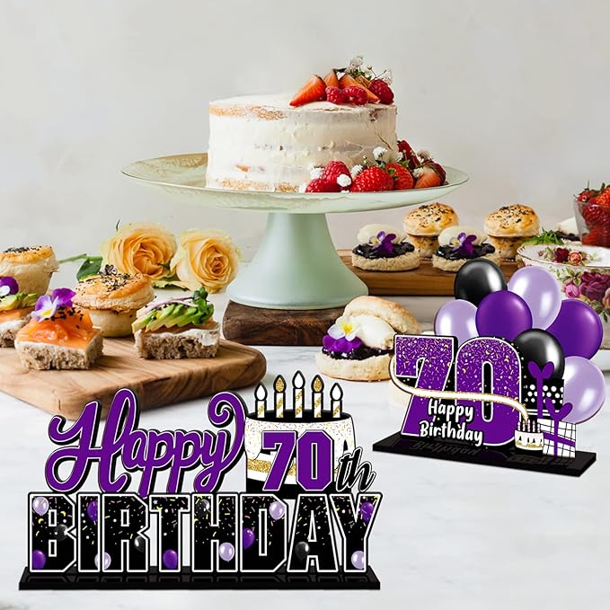 LINGTEER Happy 70th Birthday Purple Acrylic Table Topper Centerpieces Set - Cheers to Seventy Years Old Birthday 70th Bday Party Gift Decorations.
