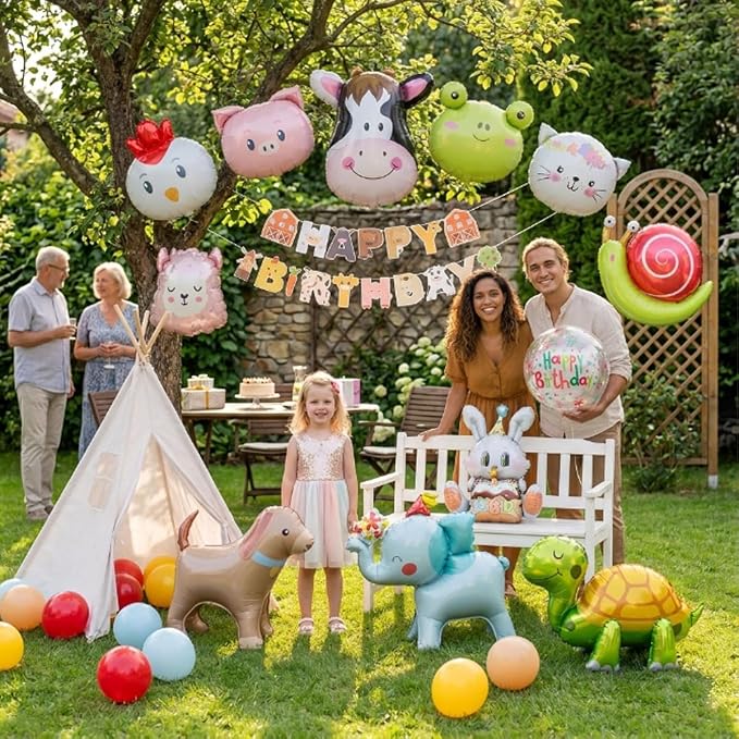 48 PCS Happy Birthday Farm Animals Foil Balloon Decorations Kit for Kids Birthday, Farm Theme Cow Chicken Pig Sheep All-In-One Party Supplies with Birthday Banner for Boys Girls Kids