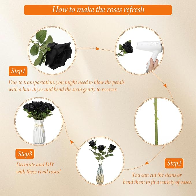 Hotop 20 Pcs Artificial Rose Flowers with Long Stem, Real Lifelike Silk Realistic Plastic Bouquet Roses Bulk for Home Decor Bridal Wedding Party Table Centerpieces Decorations(Black)