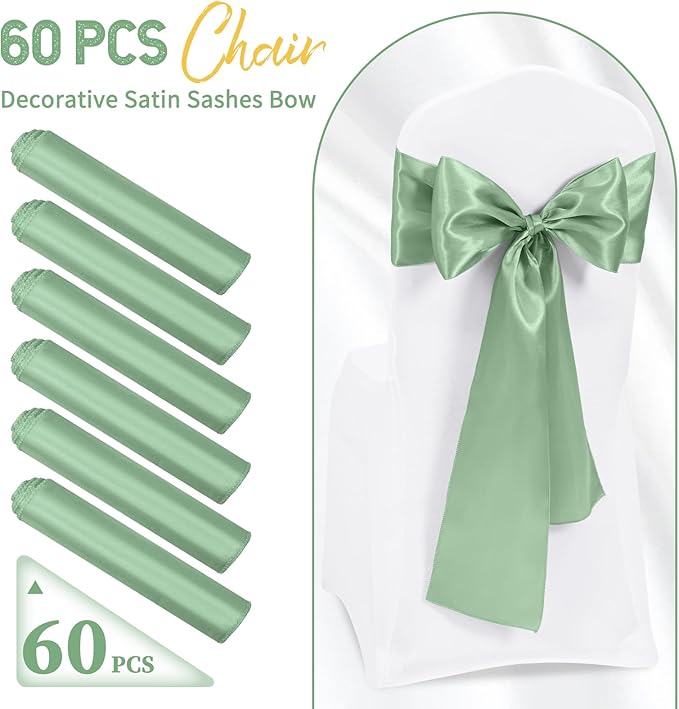 60 PCS Sage Green Satin Chair Sashes, Ties Bows Designed Chairs Decorative, Chair Cover Sashes for Thanksgiving Wedding Christmas Banquet Party Home Kitchen Decoration (7 x 108 inch)