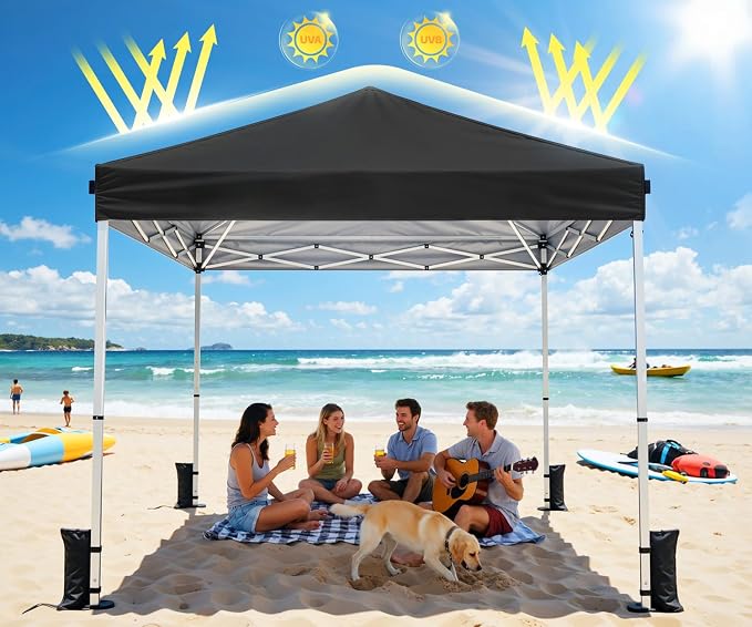 10x10 Pop Up Canopy Tent, Shade Canopy with Carry Bag, Center Lock One Push, 3 Adjustable Height, Outdoor Canopy Tents for Parties, Events & Camping - Black