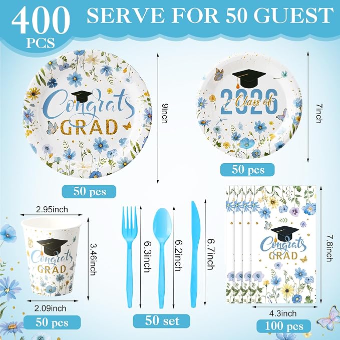 400 Pcs Class of 2026 Light Blue Graduation Decoration Floral for 50 Guests, Flower Blue Gold Graduation Paper Plates Napkins Cups Cutlery Grad Tableware for 2026 Congrats Grad Party Supply