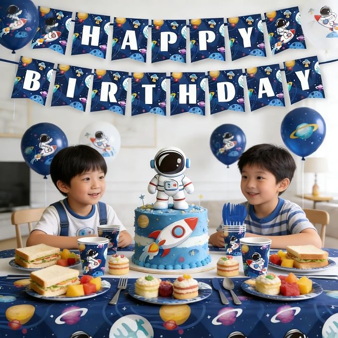 Outer Space Birthday Party Supplies Serve 20 Space Party Tableware Set, Happy Birthday Banner Tablecloth Paper Plates Cups Napkins Knives Forks Spoons for for Astronaut Theme Party Supplies