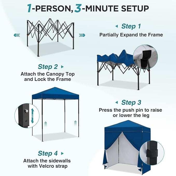 EAGLE PEAK 6x4 Instant Pop Up Canopy Tent with 4 Side Wall Panels, Straight Leg Sun Shelter, Portable Canopy with Carry Bag for Camping, Beach & Sports, Dark Blue