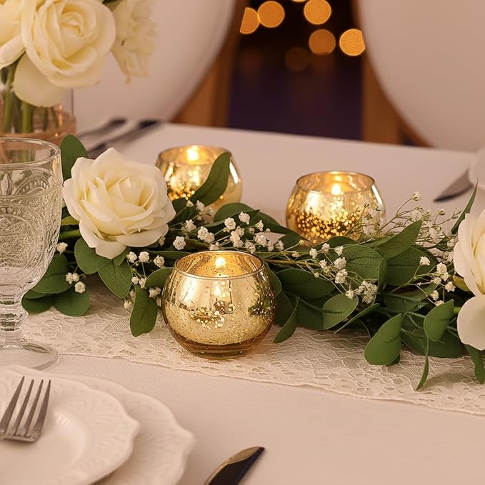 12 Pcs Gold Votive Candle Holders- Gold centerpieces for Tables, Mercury Glass Votives for Wedding, Rehearsal Dinner, Engagement, Birthday Party Decorations