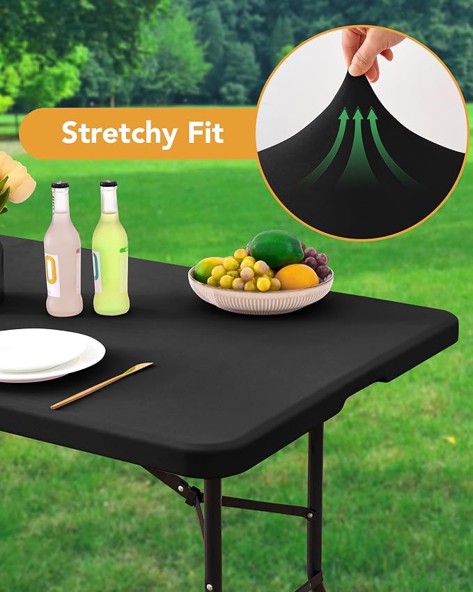KeyWave Fitted Tablecloth Rectangle Table Cloths - 6 Pack 8 Foot Elastic Stretch Folding Table Top Cover Water-Resistant Reusable for Outdoor Picnic Camping Party Event, Black, 96" L x 30" W