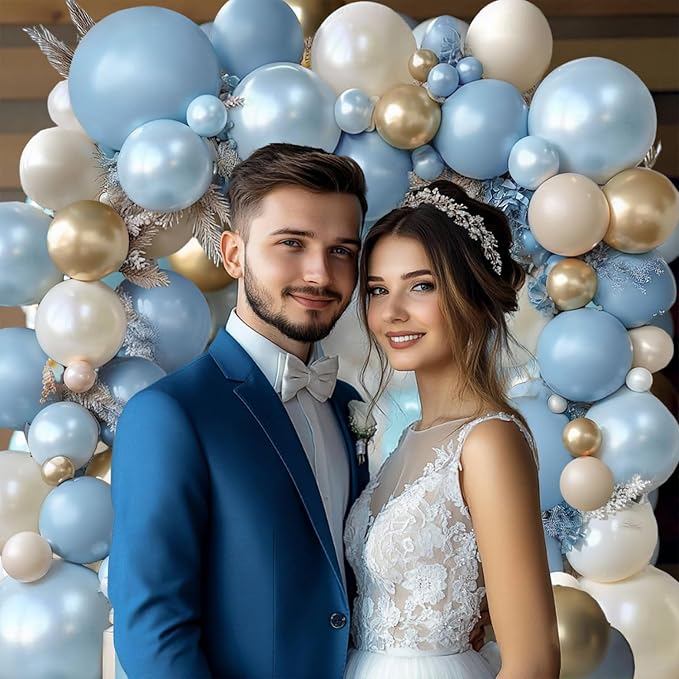 Dusty Blue Beige Gold Balloons Arch Kit, Double Stuffed Pastel Light Blue Pearl White Sand Chrome Gold Balloons for Elegant Weddings Birthdays Bridal Decoration