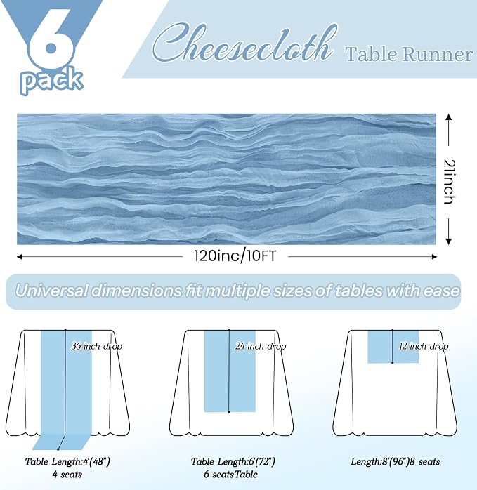 6 Pack Light Blue Cheesecloth Table Runner 21x120 Inches, Boho Gauze Rustic Semi Sheer Cheese Cloth Table Runners for Easter Wedding Bridal Baby Shower, Birthday Party, Long Farmhouse Table Decor