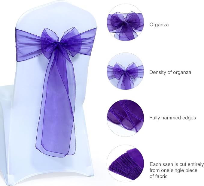 MDS® Pack of 300 Organza Chair Sashes for Wedding Decoration, Reusable Sheer Chair Bows for Banquet Chair Cover, Reception, Bridal Shower, Baby Shower, Birthday Party & Special Events - Purple