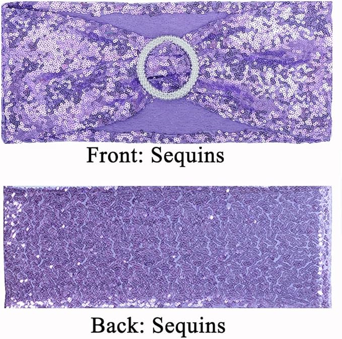 Pack of 50 Sequin Lavender Chair Sashes Bands with Buckles, All Around Sequins Chairs Bows for Party Wedding Fiesta Engagement Banquet Bridal Shower Anniversary Decor Glitter Chairs Ties
