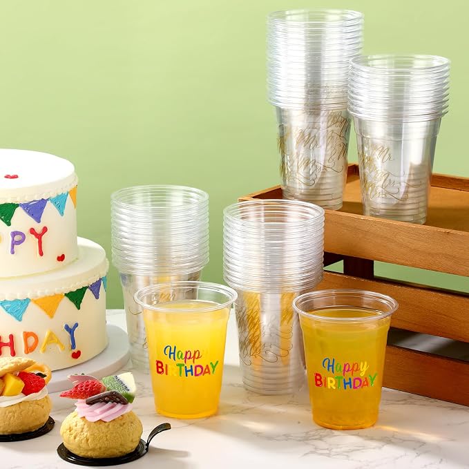 FoldTier 50 Pcs Happy Birthday Cups 12 oz Birthday Plastic Glasses Clear Disposable Cups Theme Drinking Glasses for Home Kitchen Theme Party Favors Supplies Decoration