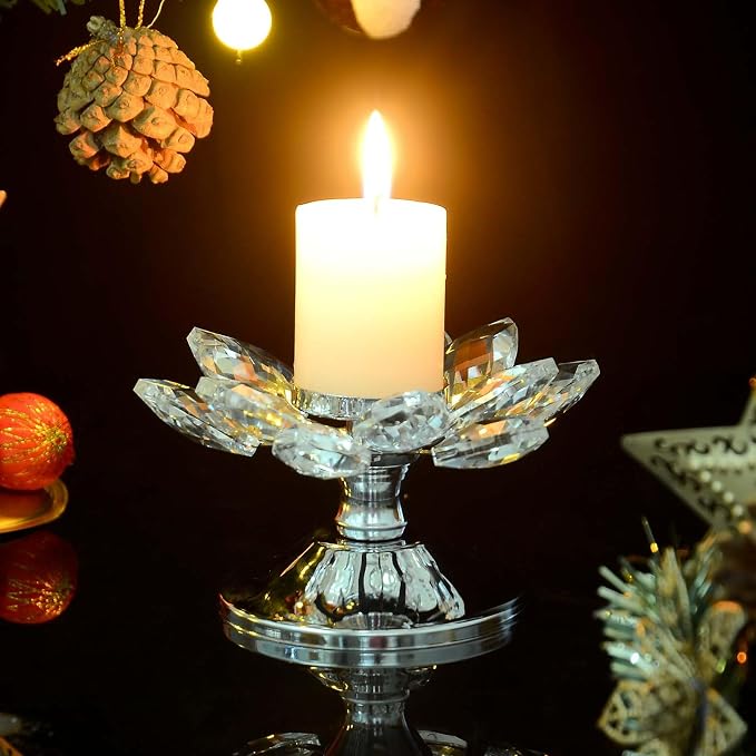 4 PCS Silver Crystal Flower Tea Light Holder, Glass Tealight Candlestick with Metal Base, Votive Candle for Table Centerpiece, Wedding/Parties Decor, Nice Gift