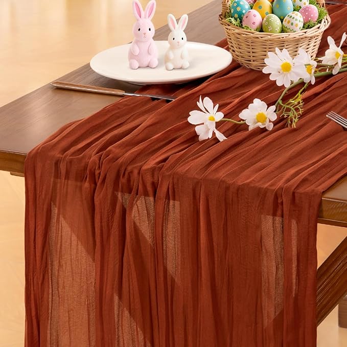 Socomi Terracotta Summer Fall Cheesecloth Table Runner Boho Rustic Farmhouse Gauze 120 inch 10FT Cheese Cloth Sheer Runner for Wedding Party Baby Shower Birthday Home Decor Holiday Decorations