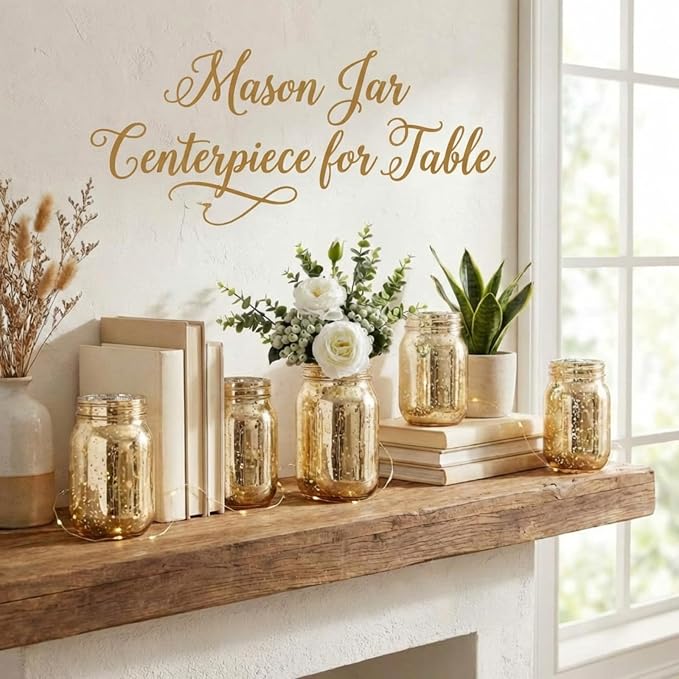 Layhit 6 Pcs Painted Mason Jars Colored Painted Mason Jars Centerpiece for Table with 6 Pcs 9.84 ft 30 LED Operated Fairy Lights for Wedding(Gold)