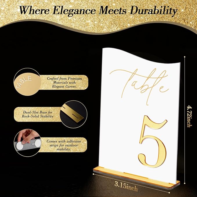 Gold Mirrored Acrylic Wedding Table Numbers Set, Self-Standing Modern Arched Signs for Reception Seating, Anniversary & Bridal Shower, Elegant Wedding Decor (5x7 Inches)