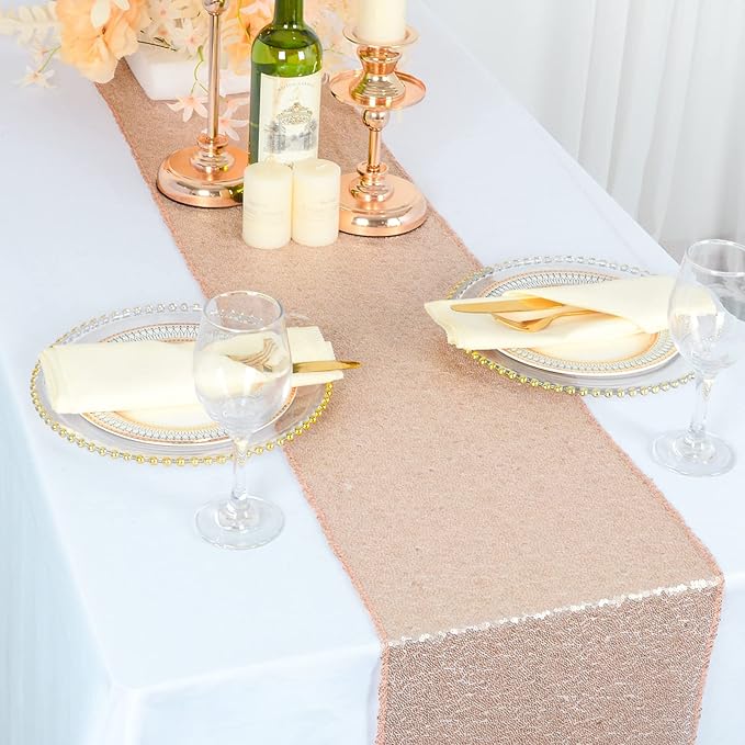 ShinyBeauty Sequin Table Runner 12" x 108" - Champagne Cloth for Party, Wedding, Outdoor, Baby Shower, Birthday Decor
