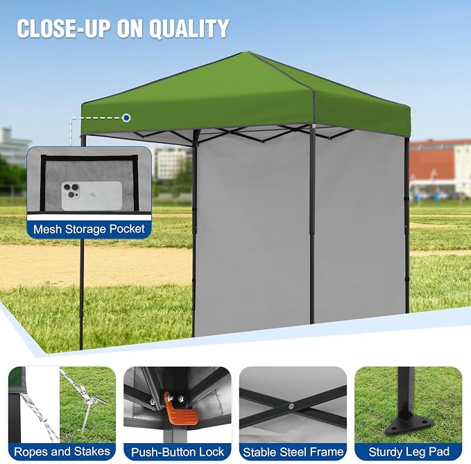 6x4 Pop Up Canopy Tent with One Wall Panel, Instant Portable Beach Canopy, Outdoor Tent with Carry Bag for Camping, Sports, Tailgating, Events, Grass Green