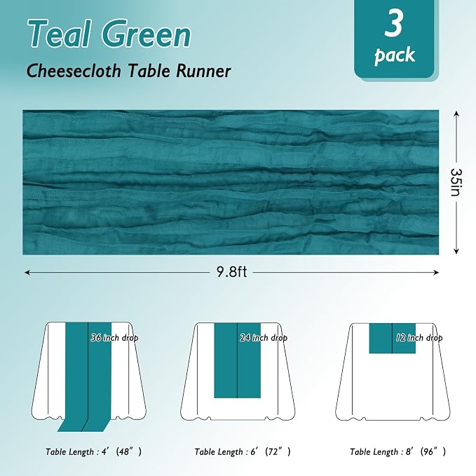 3 Pack Teal Green Cheesecloth Table Runner 120 Inch 10FT Cheese Cloth Runners for Spring Holiday, Baby Shower, Jungle Theme Party