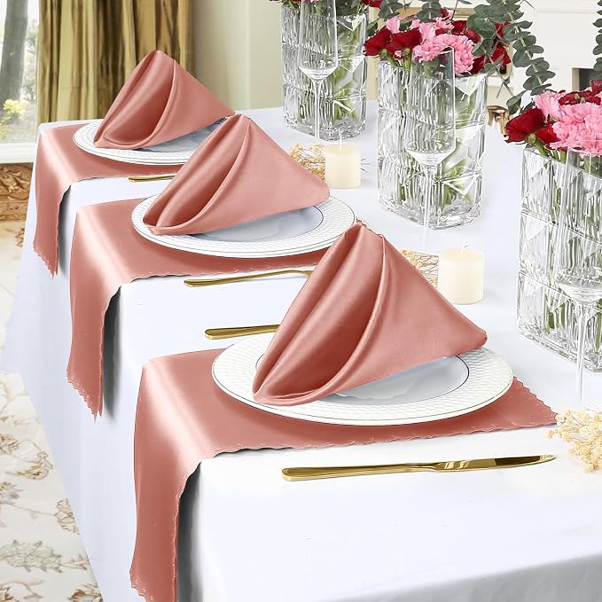 Homiest Rose Gold Satin Napkins - 100 Pack, 17x17 Inches, Scalloped Square, Elegant Wedding & Party Napkins
