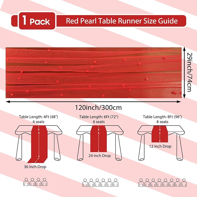 Set of 1 Pearl Table Runner 10ft, 29 * 120 Inch RED Table Cloth Pearl Sheer Tulle Table Cover,Pearl Table Runner for Wedding Party Baby Shower Birthday Home Decor