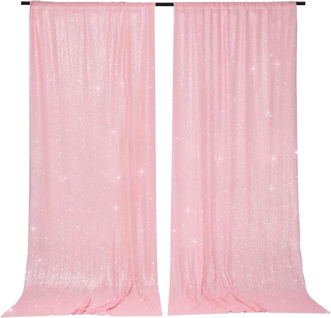 PartyDelight Pink Sequin Backdrop 5x10ft 2 Panels 4 Inch Rod Pocket | Dense 3mm pink sequins on mesh backing with 4 inch rod pocket for wide reception walls head tables stages and layered event