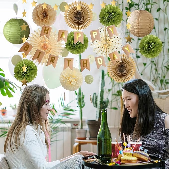 Olive Green and Brown Birthday Decorations Vintage Brown Olive Green Birthday Party Decorations Tan and Beige with Retro Happy Birthday Banner for Women Girls