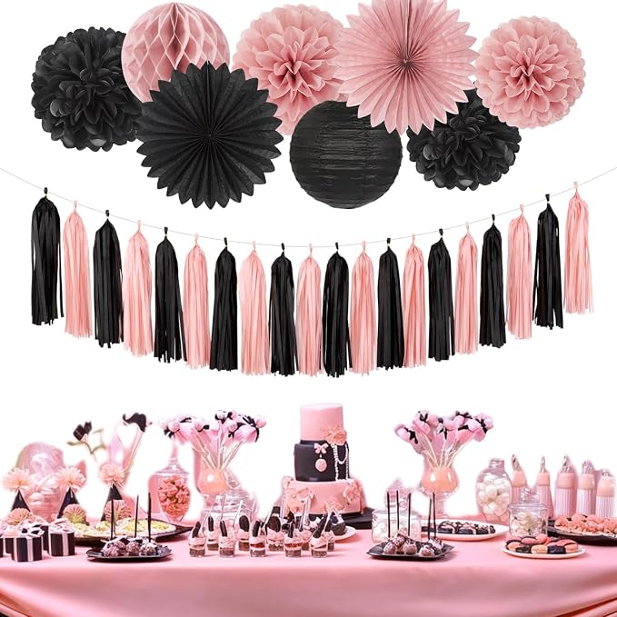 Blush-Pink Black Happy-Birthday Banner Party-Decorations - 31pcs 14th 40th Rose Gold Women Girls Paper Lanterns Streamers,Tissue Paper Flowers Pom Poms Fans Tassel Garland Sign Decor Backdrop Hugmoon