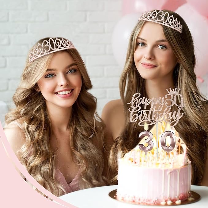 30th Birthday Decorations for Her, Including 30th Birthday Sash and Tiara, Cake Topper and Candles, Number Balloons, 30 Year Old Gifts for Women