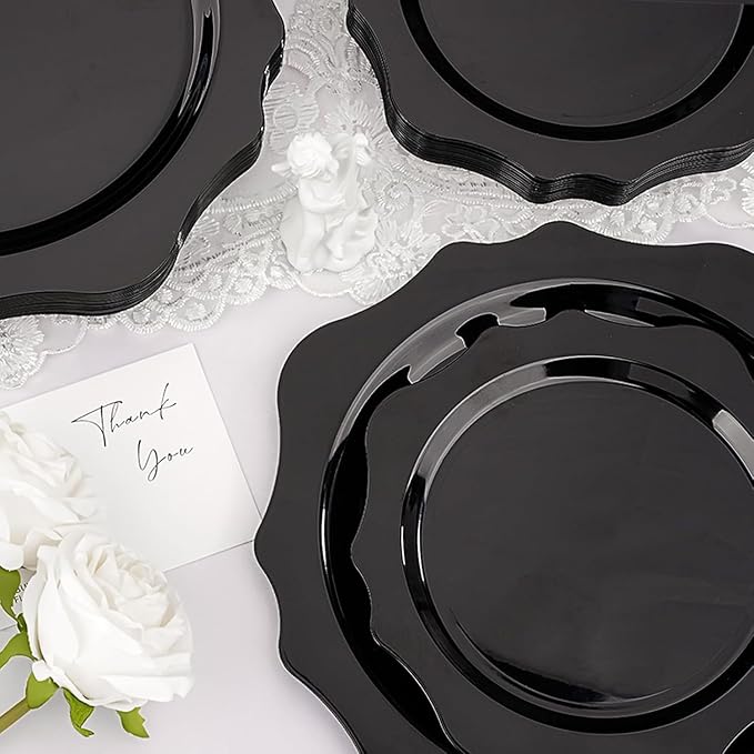 realluck 100 PCS Black Disposable Plates for 50 Guests, Scalloped Plastic Plates Include 50 Dinner Plates and 50 Dessert Plates for Party, Wedding, Graduation and Father's Day