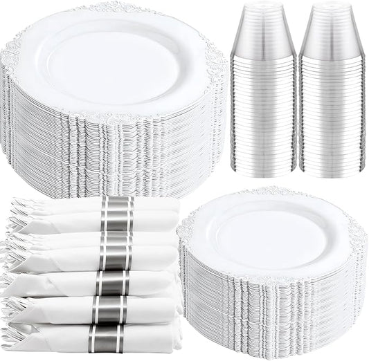 Liacere 350PCS Silver Plastic Plates&Pre Rolled Napkins for 50 Guests - Plastic Dinnerware Sets 100Silver Disposable Plates, 150Silver Silverware, 50Cups and 50Napkins for Wedding&Party