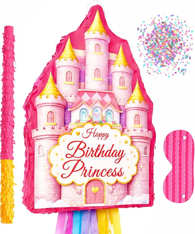 Jergrim Princess Castle Happy Birthday Pinata 4 Piece Set, 11"x17" Perfect For Girl Party Decorations, Once Upon A Time Piñata 5th, 6th 7th B-day Piñatas, Fits Candy & Party Favors