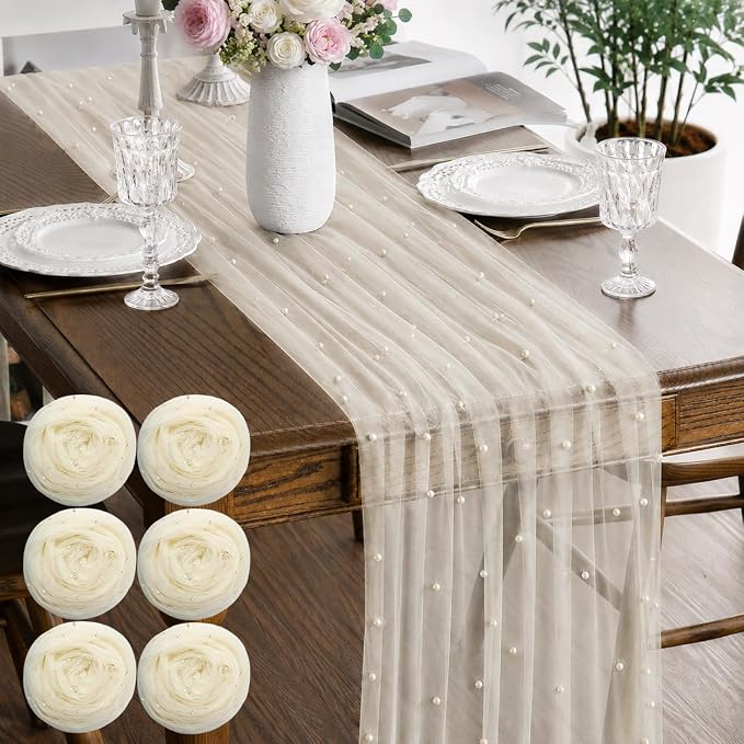 Pearl Beige Gauze Pearl Table Runner 120 Inch 10FT, Seasonal Sheer Dining Holiday Wedding Birthday Baby Shower Tulle Summer Table Decor for Home Party