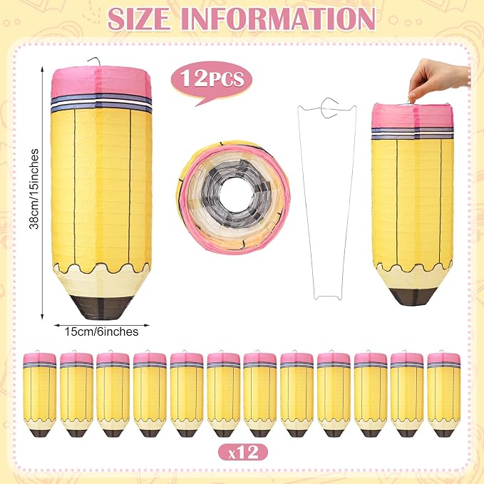 Retisee 12 Pcs Back to School Classroom Decoration Crayon Hanging Paper Lanterns Kindergarten Preschool Art Classroom Ceiling Decor, First Day of School Birthday Supplies