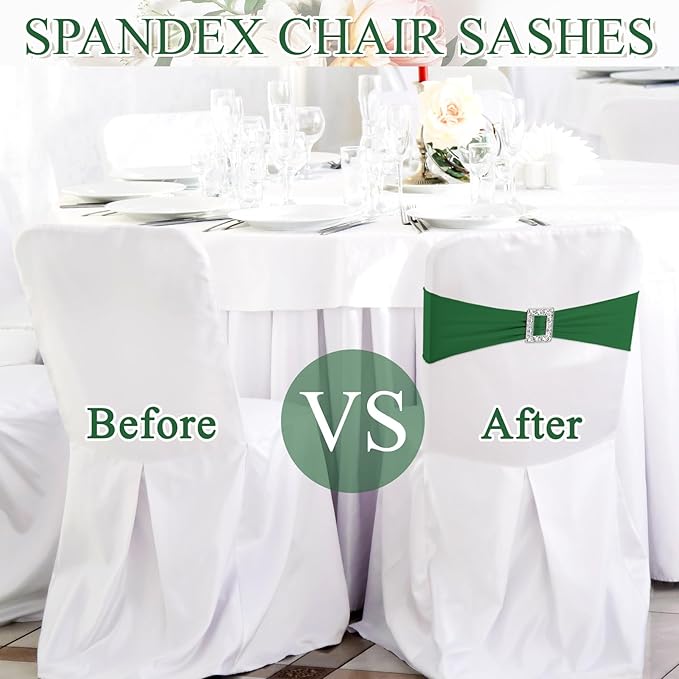 VitalCozy 100 Pcs Spandex Chair Sashes with Square Buckle Slider Stretch Chair Cover Band Universal Elastic Ties Straps Bows for Wedding Banquet Event Party Decoration (Green)