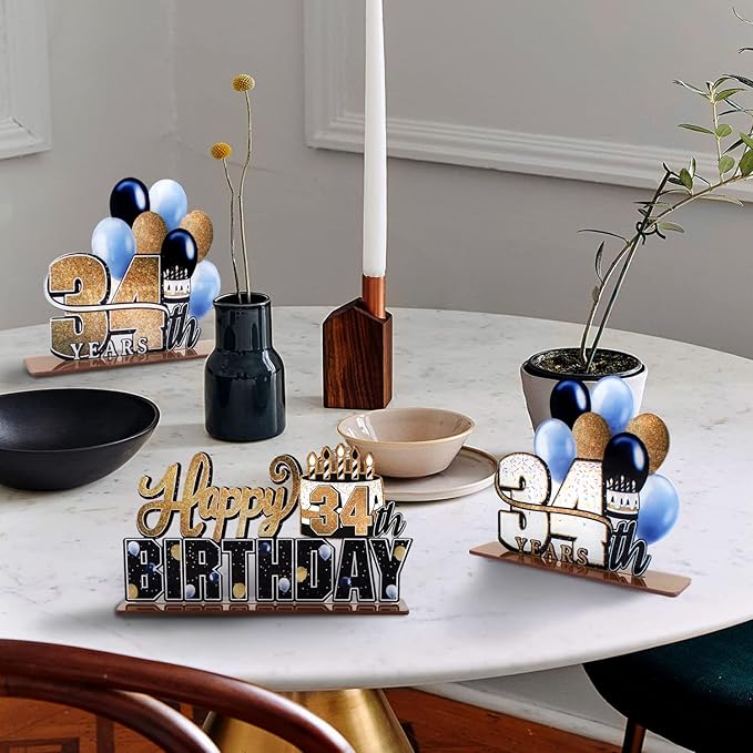 LINGTEER Happy 34th Birthday Gold Acrylic Table Topper Centerpieces Set - Cheers to 34 Years Old Birthday 34th Bday Party Gift Decorations.