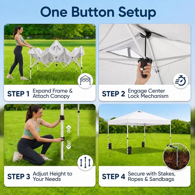 10x10 Pop Up Canopy Tent – One-Person Setup, Waterproof & UV-Blocking, Heavy-Duty Steel Frame, Wheeled Bag & Sandbags – Outdoor Shelter for Party, Camping, Beach, Outside Events (White)