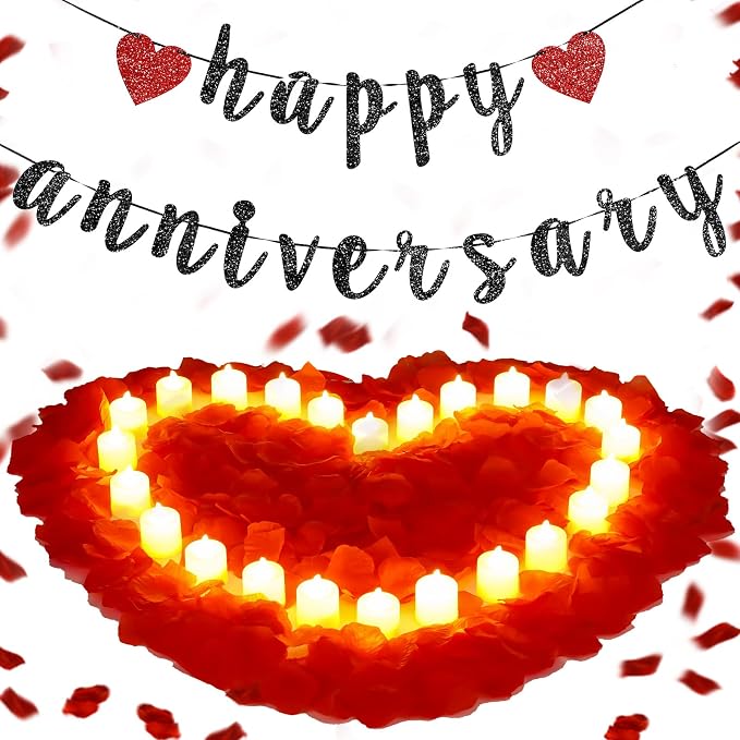 Retisee Red Anniversary Decorations Happy Anniversary Banner Sign Romantic Feliz Aniversario Party Decoration Glitter Banner with 24pcs LED Candles 2000pcs Rose Petals for Home Party Night Wedding